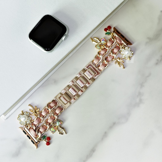 Pink Leather Chain Apple Watch Band • Series 11-1, SE, Ultra • Adjustable Strap 38mm-41mm 42mm-49mm • Rose Gold Bracelet with Pearl & Cherry