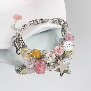 Pastel Button Charm Adjustable Bracelet • Handmade Y2K Jewelry • Aesthetic Gift for Women/Teens • Silver Chain with Buttons & Star Charm
