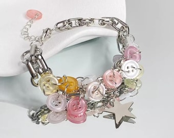 Pastel Button Charm Adjustable Bracelet • Handmade Y2K Jewelry • Aesthetic Gift for Women/Teens • Silver Chain with Buttons & Star Charm