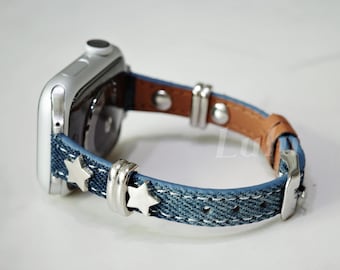 Blue Denim Apple Watch Band • Grunge Vintage Fabric Strap • Edgy Unisex Gift • Fits Apple Watch Series 1-12 SE Ultra, 38-49mm