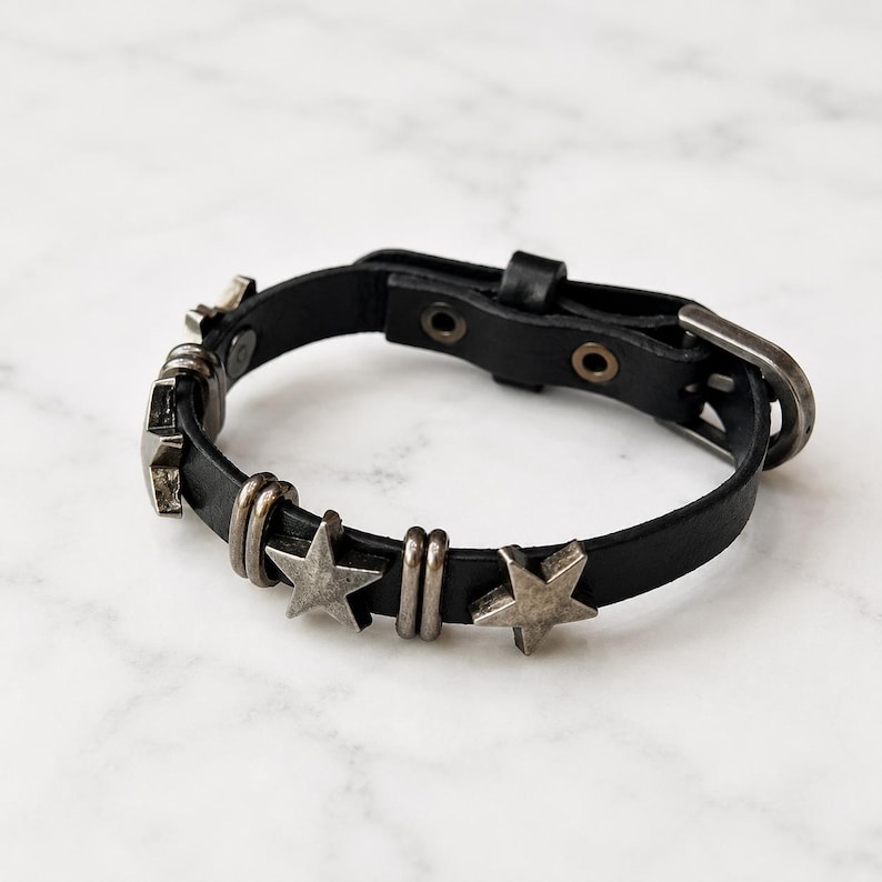 Genuine Leather Punk Bracelet • Unisex Jewelry for Him/Her • Bold Gothic Style • Edgy Star Charm • Handmade Adjustable Bracelet • Y2K Gift image 2
