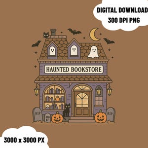 Haunted Bookstore File Png Spooky Ghosts Fall Halloween Cozy Bookish Library Graphic Autumn Reading Aesthetic Book Lover Digital Artwork