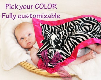 Zebra Security Blanket, Lovey Blanket, Satin, Baby Blanket, Stuffed Animal, Baby Toy - Customize Color - Monogramming Available
