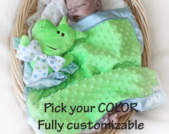 Minky Dragon Security Blanket, Lovey Blanket, Satin, Baby Blanket, Dragon Stuffed Animal, Dragon Toy Customize Color Add Monogramming