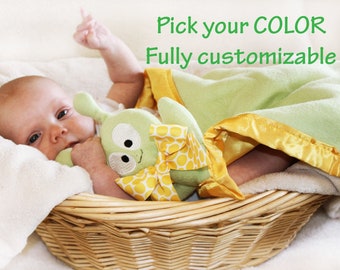 Green Alien Security Blanket, Baby blanket Lovey Blanket, Satin, Baby Blanket, Stuffed Animal, Baby Toy - Customize Color monogramming