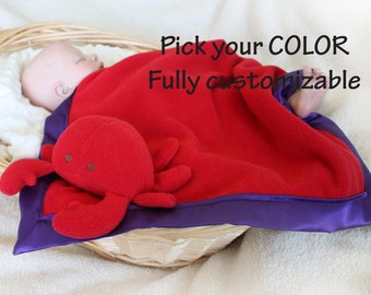 Red crab Security Blanket, Lovey Blanket, Satin, Baby Blanket, Stuffed Animal, Baby Toy - Customize Color - Monogramming Available