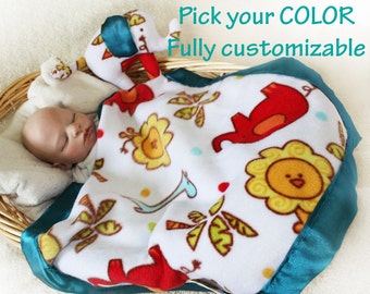 Elephant Security Blanket, Lovey Blanket, Satin Baby Blanket, Stuffed Animal, Baby Toy, Jungle animal blanket - Customize Color