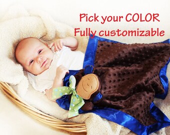 Brown Minky Monkey Security Blanket, Lovey Blanket, Satin, Baby Blanket, Stuffed Animal, Baby Toy - Customize Color