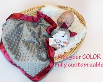 Minky Wolf Husky Dog Security Blanket, Gray Lovey Blanket, Satin, Baby Blanket, Stuffed Animal, Baby Toy - Customize Color