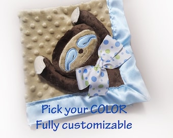 Brown Minky Sloth Security Blanket, Lovey Blanket, Satin, Baby Blanket, Stuffed Animal, Baby Toy - Customize Color