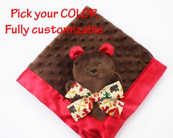 Brown Minky Bear Security Blanket, Teddy bear Lovey, Satin Baby Blanket, Stuffed Animal, Baby Toy - Customize Color - Monogramming Available