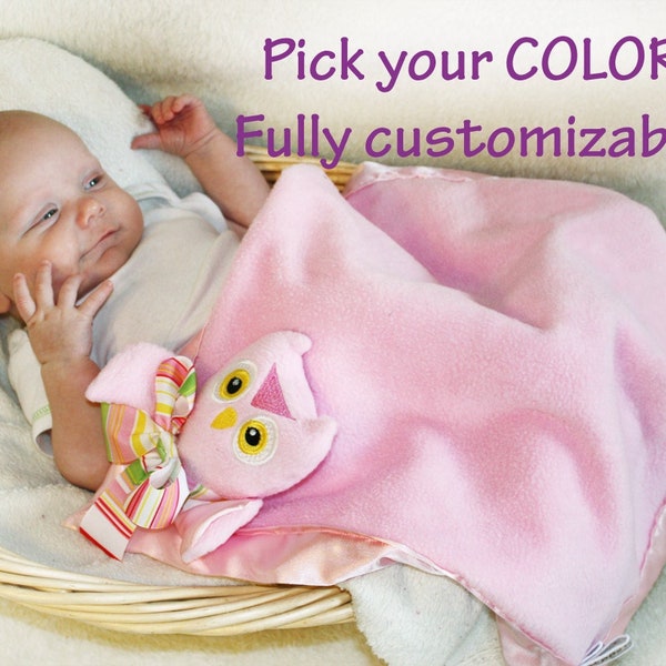 Pink Owl Security Blanket, Lovey Blanket, Satin, Baby Blanket, Stuffed Animal, Baby Toy - Customize Color - Monogramming Available