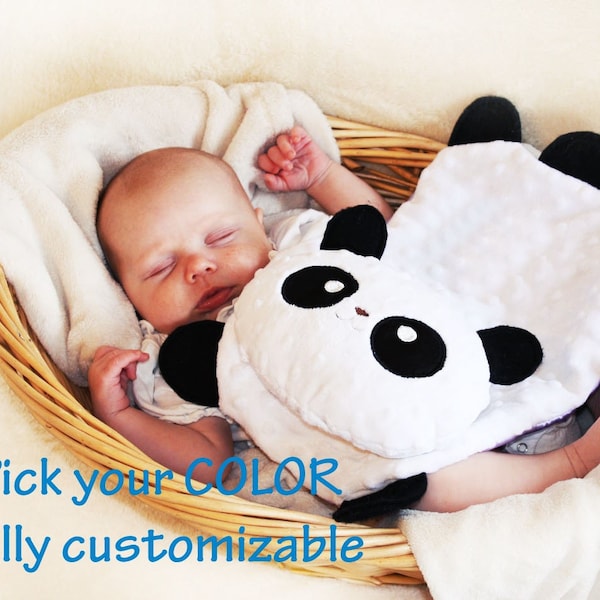 Minky Panda Bear Security Blanket, Lovey Blanket, Satin, Baby Blanket, Stuffed Animal, Baby Toy - Customize Color - Add Monogramming
