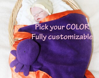 Octopus Security Blanket, Lovey Blanket, Satin, Baby Blanket, Stuffed Animal, Baby Toy - Customize Color - Monogramming Available
