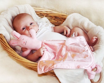 Pink Bunny Rabbit with All Natural Wood Maple Teething Ring Baby Security Blanket Lovey Blanket Baby Toy
