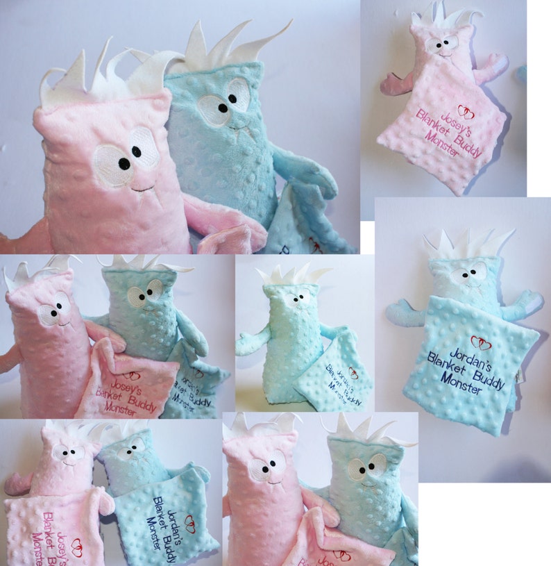 May include: Two plush monster toys, one pink and one blue, are holding blankets with embroidered names and the text "Blanket Buddy Monster".