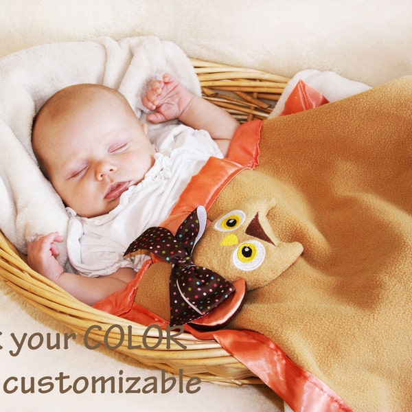 Owl Security Blanket Baby blanket Lovey Blanket, Satin, Baby Blanket, Stuffed Animal, Baby Toy - Customize Color - Monogramming Available