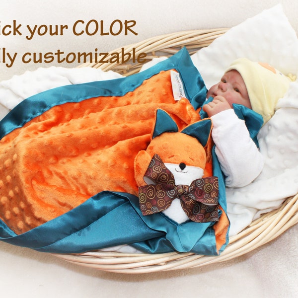 Orange Minky Fox Security Blanket, Lovey Blanket, Satin, Baby Blanket, Stuffed Animal, Baby Toy - Customize Color