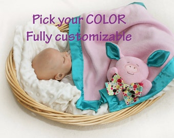 Pink Pig Security Blanket, pig baby blanket Lovey Blanket, Satin Baby Blanket, Stuffed Animal, Baby Toy farm baby - Customize Color
