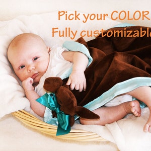 Brown Puppy Dog Security Blanket, Baby blanket Lovey Blanket, Satin, Baby Blanket, Stuffed Animal, Baby Toy - Customize Color Monogramming