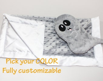 Gray Ghost Minky Security Blanket, Halloween baby blanket Lovey Blanket, Satin, Baby Blanket, Stuffed Animal, Baby Toy - Customize Color