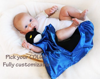 Penguin Security Blanket, baby blanket Lovey Blanket Satin, Baby Blanket Stuffed Animal Baby Toy - Customize Color - Monogramming Available