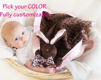 Brown Minky Bunny Rabbit Security Blanket, Lovey Blanket, Satin, Baby Blanket, Stuffed Animal, Baby Toy - Customize Color