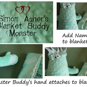 May include: A green plush monster toy with a crown and a hand that attaches to a green blanket. The blanket has the text "Simon Asher's Blanket Buddy Monster" embroidered on it.
