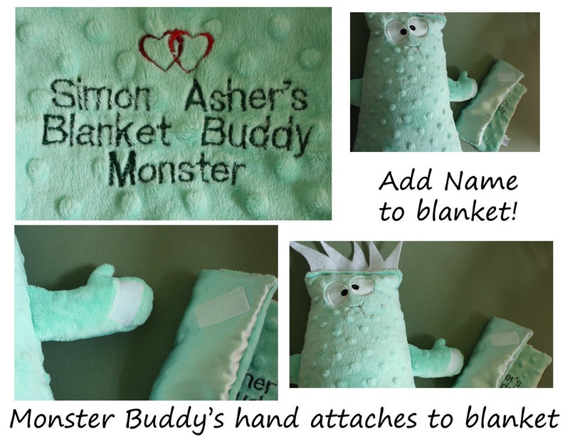 May include: A green plush monster toy with a crown and a hand that attaches to a green blanket. The blanket has the text "Simon Asher's Blanket Buddy Monster" embroidered on it.