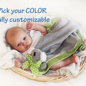 Gray Koala Bear Security Blanket, Lovey Blanket, Satin, Baby Blanket, Stuffed Animal, Baby Toy - Customize Color - Add Monogramming
