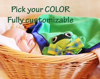 Green Tree Frog Security Blanket, Lovey Blanket, Satin, Baby Blanket, Stuffed Animal, Baby Toy - Customize Color - Add Monogramming