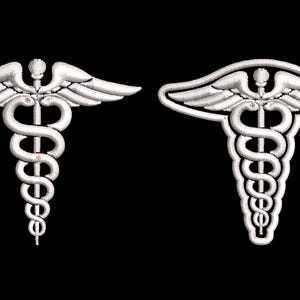 May include: Two white embroidered medical caduceus symbols, one with wings spread out and the other with wings folded down.