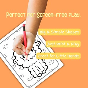 May include: A coloring page with a llama design is being colored with a red and black pencil. The image includes text that reads "Perfect For Screen-Free Play," "Big & Simple Shapes," "Just print & play," and "Great for Little Hands."