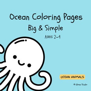 Puede incluir: Fondo azul claro con el texto "Ocean Coloring Pages Big & Simple Ages 2-4". Un pulpo de dibujos animados está en la esquina inferior izquierda. Las palabras "Ocean Animals" están en un rectángulo amarillo.