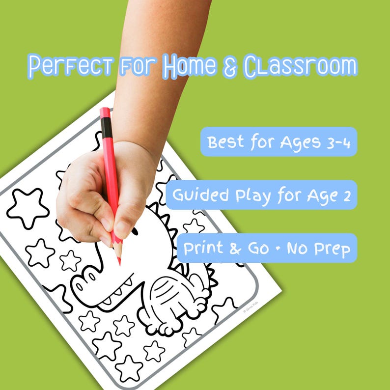 Puede incluir: Una p&aacute;gina para colorear con un dinosaurio y estrellas en blanco y negro, con el texto "Perfect For Home & Classroom". Una mano sostiene un l&aacute;piz rojo, coloreando la imagen. El texto adicional incluye "Best for Ages 3-4", "Guided Play for Age 2" y "Print & Go &bull; No Prep".