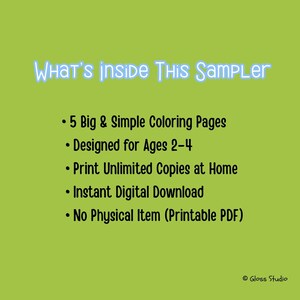 Puede incluir: Un fondo verde con el texto "WHAT'S INSIDE THIS SAMPLER" en azul claro. El texto enumera: 5 p&aacute;ginas para colorear, dise&ntilde;adas para edades de 2 a 4 a&ntilde;os, impresi&oacute;n ilimitada, descarga digital instant&aacute;nea y sin art&iacute;culo f&iacute;sico. El logotipo de Gloss Studio est&aacute; en la parte inferior.