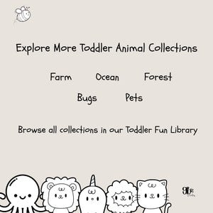 May include: A beige graphic with the text "Explore More Toddler Animal Collections" and the words "Farm", "Ocean", "Forest", "Bugs", and "Pets". Below, it says "Browse all collections in our Toddler Fun Library". There are cartoon animal illustrations at the bottom.