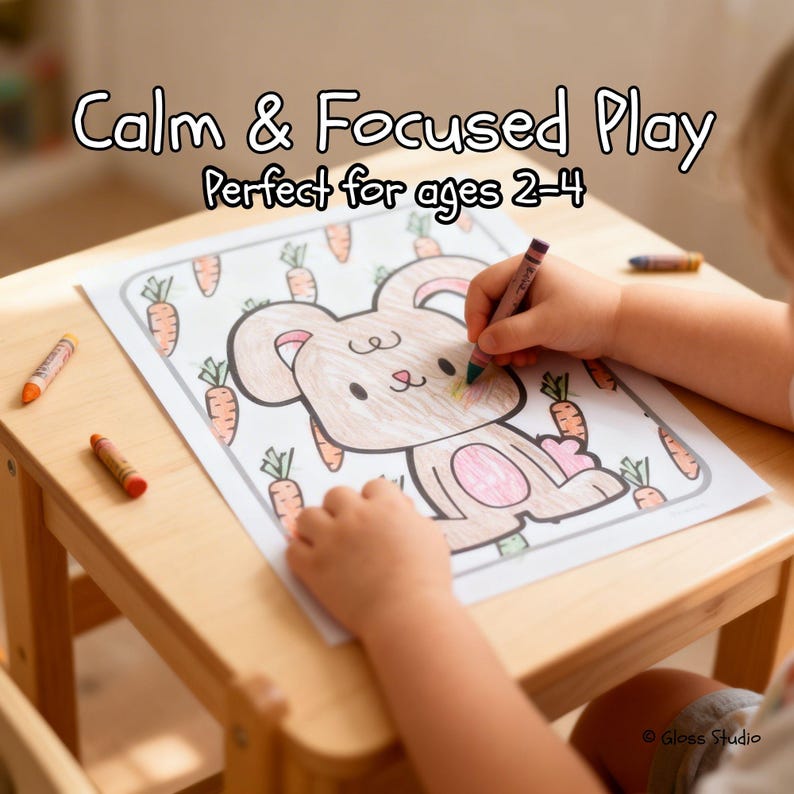 May include: A child coloring a bunny and carrot illustration with crayons on a wooden table. The image includes the text "Calm & Focused Play" and "Perfect for ages 2-4". The bunny is brown and pink, surrounded by orange carrots.