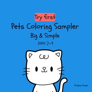 Puede incluir: Fondo azul con una ilustración de gato blanco y el texto "Try first Pets Coloring Sampler Big & Simple Ages 2-4". El gato tiene ojos negros, bigotes y cola. El texto es negro, con "Try first" en un rectángulo rojo.