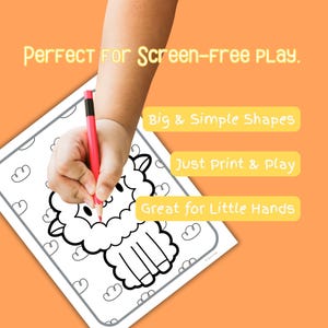 Puede incluir: Una p&aacute;gina para colorear con un dise&ntilde;o de llama se est&aacute; coloreando con un l&aacute;piz rojo y negro. La imagen incluye texto que dice: "Perfect For Screen-Free Play," "Big & Simple Shapes," "Just print & play," y "Great for Little Hands."