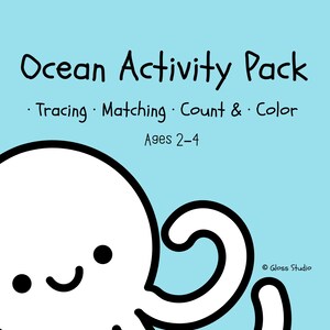 Puede incluir: Un fondo azul claro presenta el texto "Ocean Activity Pack" en negro, con tipos de actividades enumeradas. Un pulpo de dibujos animados está en la esquina inferior izquierda. También se incluye el texto "Ages 2-4".