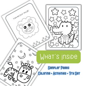 Puede incluir: Un conjunto de p&aacute;ginas para colorear para ni&ntilde;os con dibujos lineales de un le&oacute;n, un caim&aacute;n y una cebra. Las p&aacute;ginas incluyen el texto "Trace and Color The Lion" y "What's Inside: Sampler Pages Coloring Activities Try Set."