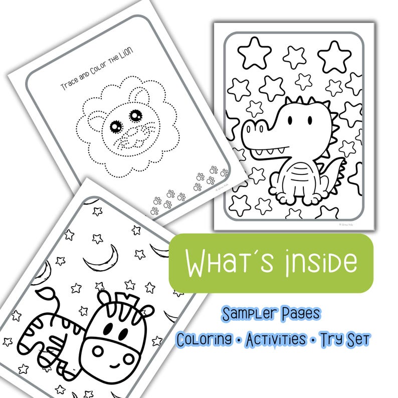 Puede incluir: Un conjunto de p&aacute;ginas para colorear para ni&ntilde;os con dibujos lineales de un le&oacute;n, un caim&aacute;n y una cebra. Las p&aacute;ginas incluyen el texto "Trace and Color The Lion" y "What's Inside: Sampler Pages Coloring Activities Try Set."