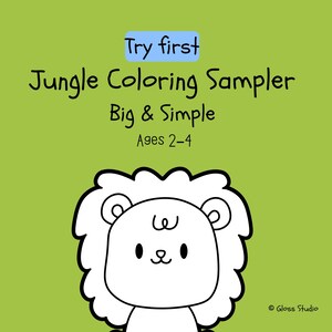 Puede incluir: Un fondo verde con el texto "Try first" en un rect&aacute;ngulo azul, y "Jungle Coloring Sampler Big & Simple Ages 2-4". Un le&oacute;n de dibujos animados con cara y melena blancas en la parte inferior.