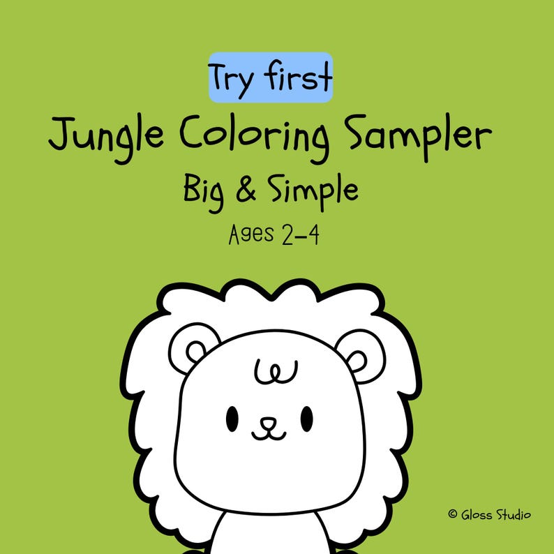 Puede incluir: Un fondo verde con el texto "Try first" en un rect&aacute;ngulo azul, y "Jungle Coloring Sampler Big & Simple Ages 2-4". Un le&oacute;n de dibujos animados con cara y melena blancas en la parte inferior.