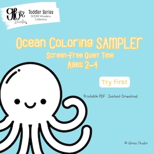 Puede incluir: Gráfico azul claro con un pulpo de dibujos animados y el texto "Ocean Coloring SAMPLER" y "Screen-Free Quiet Time Ages 2-4". La imagen también incluye el texto "Try First" y "Printable PDF - Instant Download".