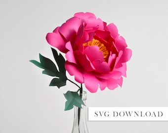 May include: A single pink paper flower with a yellow center, with green paper leaves, in a clear glass vase.  SVG DOWNLOAD.