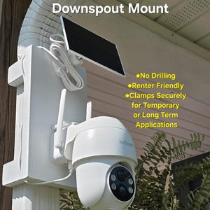 White Double Gutter Downspout Mount: No-Drill Security Camera & Solar Panel Hanger
