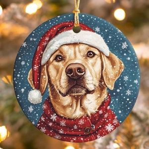 Labrador Retriever Christmas Ornament - Yellow Lab with Santa Hat and Scarf - Cute Dog Lover Gift for Her - Labrador Mom Dad Holiday Decor
