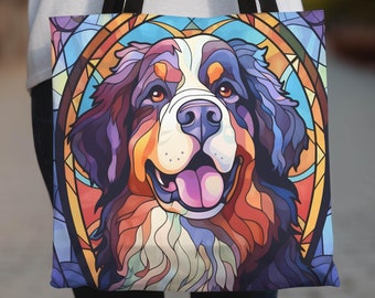 Bernese Mountain Dog Tote Bag - Stained Glass Dog Art, Dog Owner Gift, Dog Lover Gifts, Dog Mom Gift, Bernese Mountain Dog Gift for Her